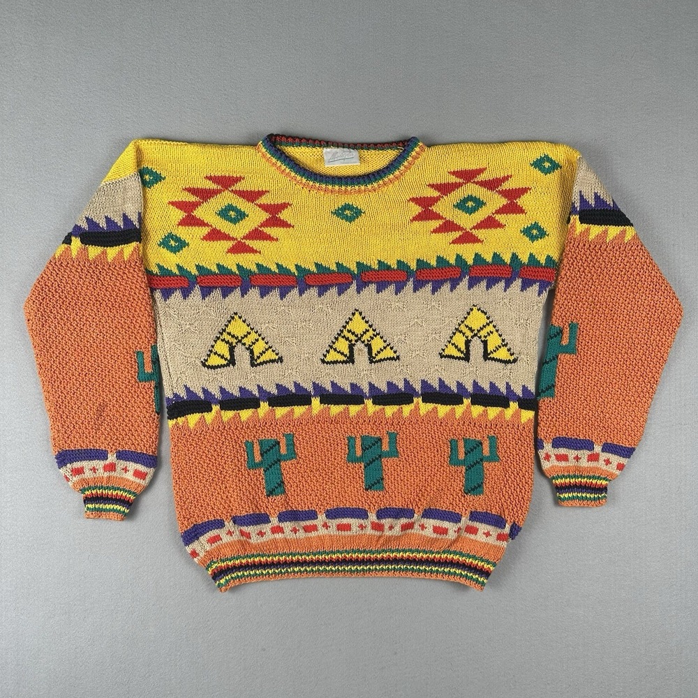 Vintage Alfonso Pozo Sweater Men's Large Southwestern Cactus Teepee Novelty